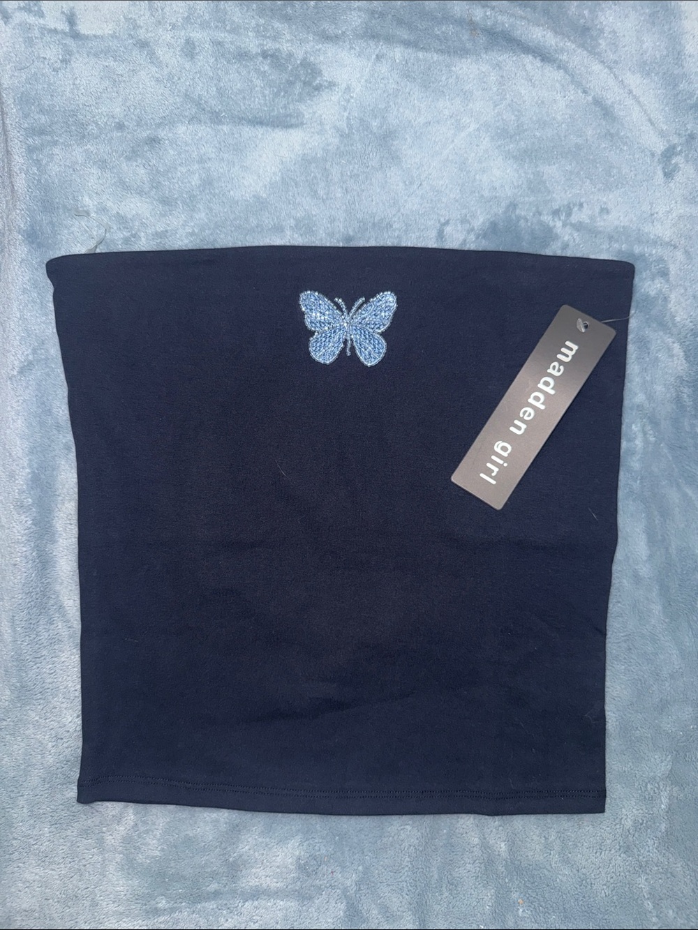 Madden Girl Navy Strapless Tube Top with Blue Rhinestone Butterfly